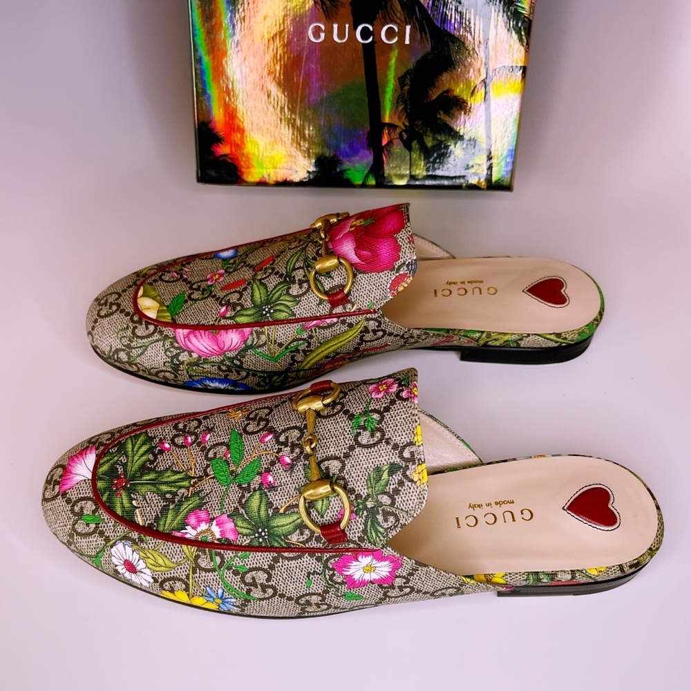 GUCCI Princetown Horsebit GG Supreme Flora Print Slippers Sandals Slip-on Shoes - Picture 4 of 13